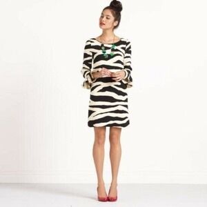 Kate Spade 100% Silk Zebra Print Shift Dress Ruffle Cuff Pockets Cream Black 8